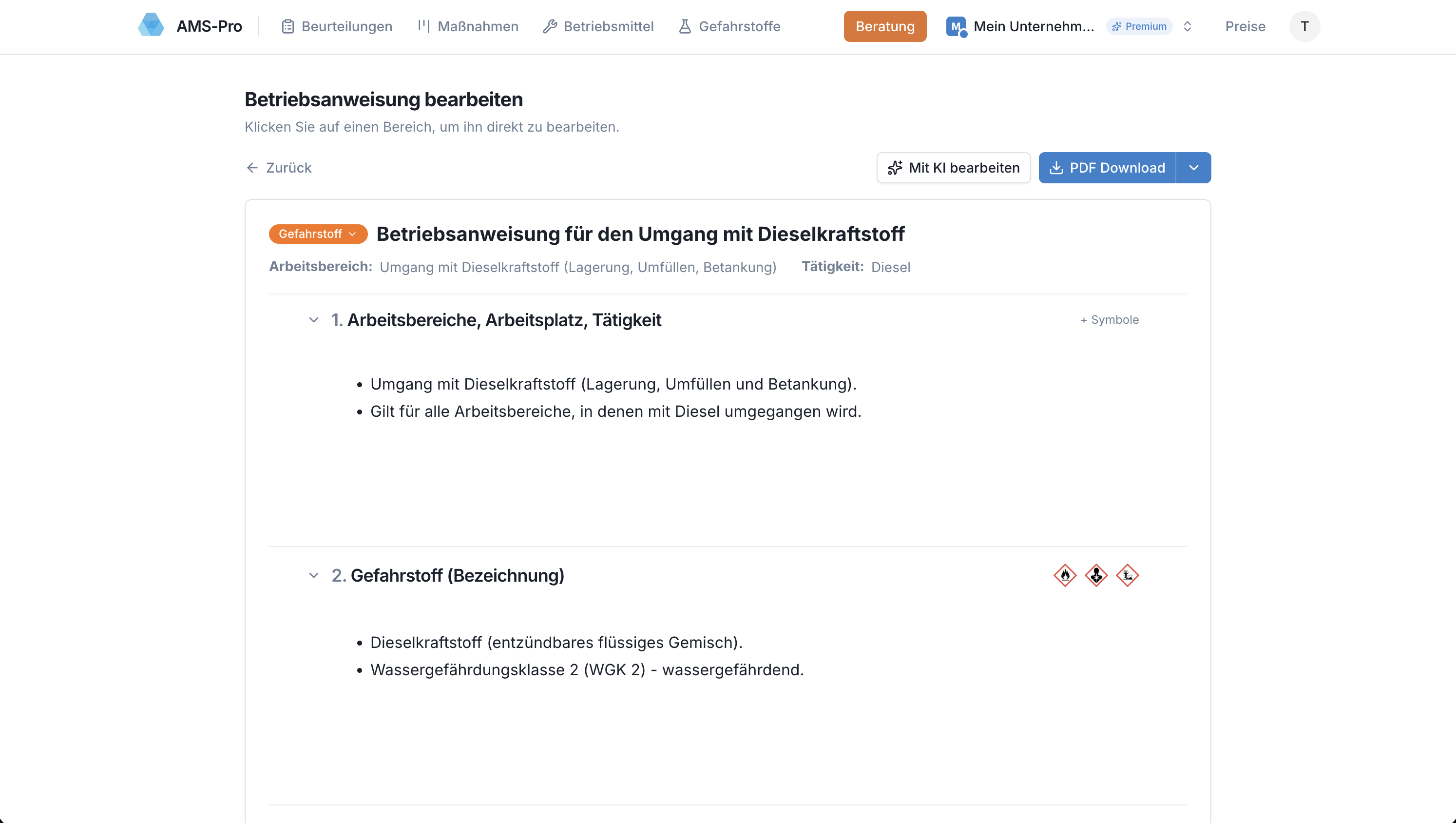 Screenshot: Betriebsanweisungen