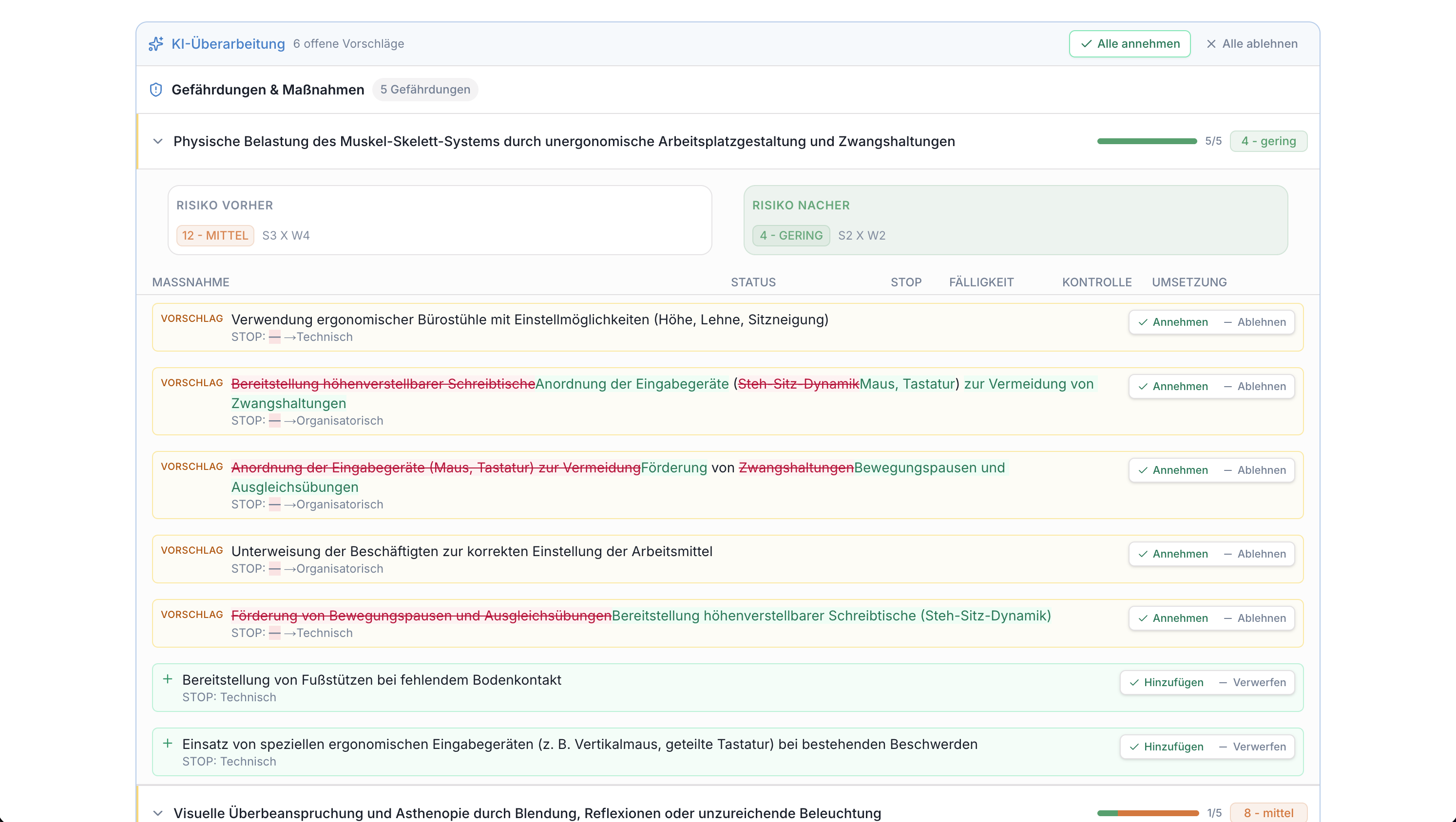 Screenshot: Gefährdungsbeurteilungen
