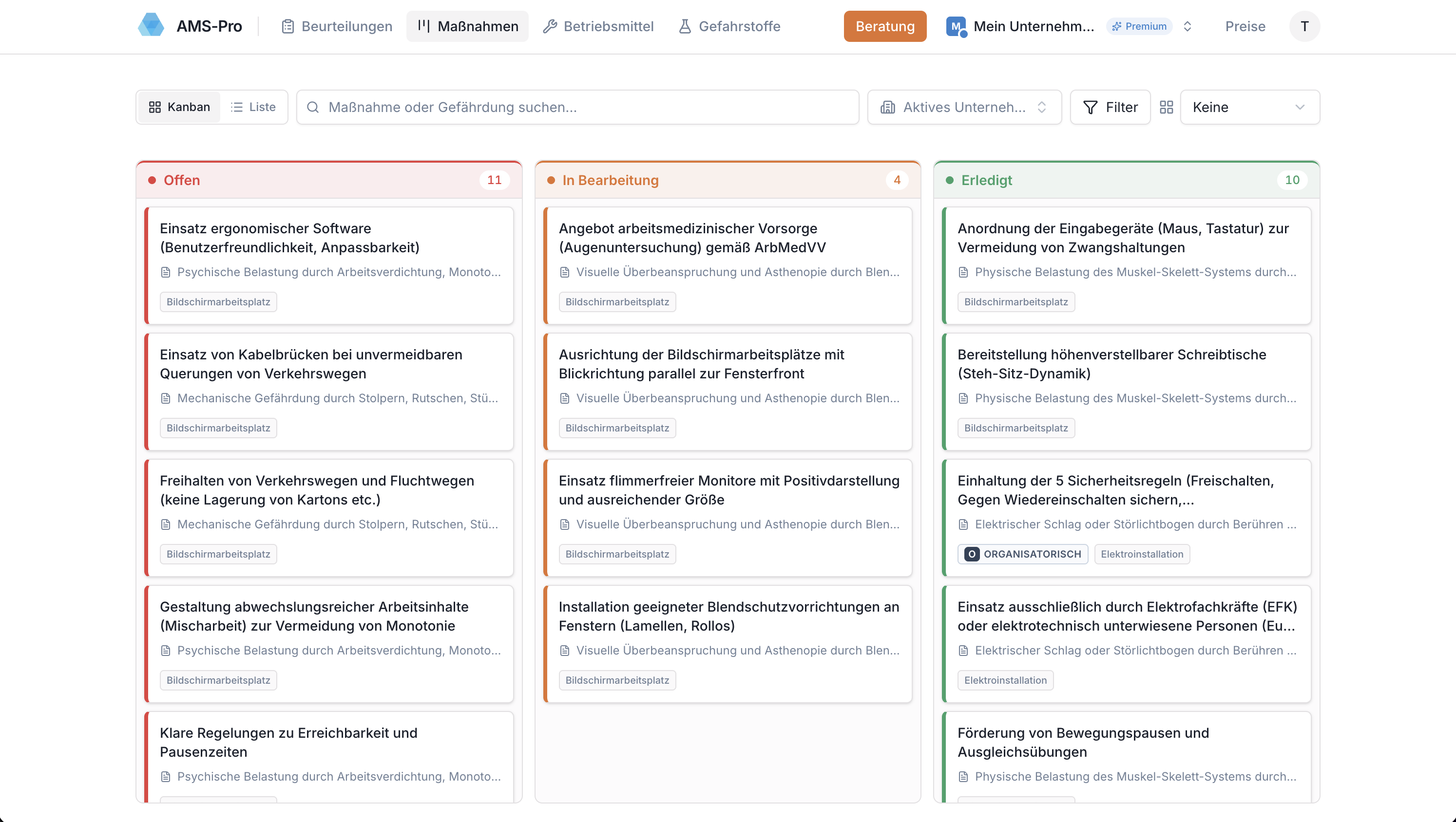 Screenshot: Maßnahmen
